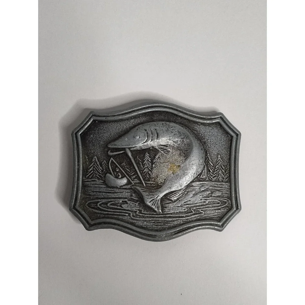 Vintage 1970s Silver Tone FISH Fisherman Pine Trees Canoe BELT BUCKLE Pike 3